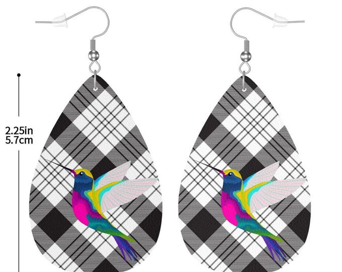 Hummingbird Teardrop Earrings, Black & White Plaid Faux Leather Earrings, Lightweight Drop Earrings, Boho Statement Jewelry, Gift for Her