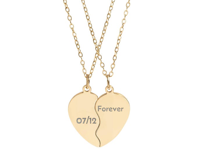 Custom Personalized with Anniversary Date Split Heart Engraved Necklace Set, Break Apart Heart Necklace