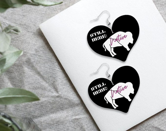 Native White Bison Innii Earrings | Heart-Shaped Leather Earrings | Blackfeet & Comanche Inspired | Lightweight UV Print Jewelry Gift