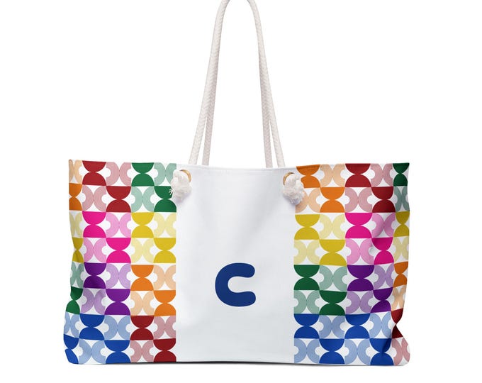 Personalized Womens Tote, Rainbow Mid Century Modern, White with Initial C, Weekender Bag