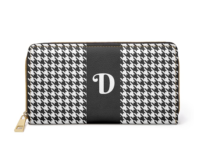 Houndstooth Black and White with White Initial D, Womens Zippered Wallet, Personalized, Womens