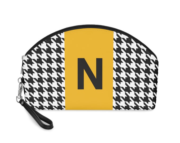 Marigold, Black, and White Houndstooth patterned Makeup Bag, Personalized with Initial N, Her Makeup bag, Initialized