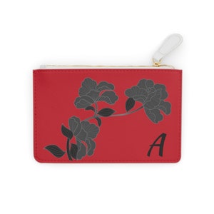 Red and Black Womens Floral Small Wallet, Personalized with your Initial, Zippered Cardholder, Initial A, Mini Clutch Bag