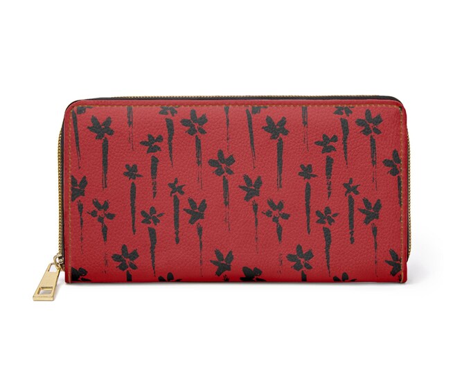 Black Floral Silhouette Zipper Wallet | Red Leather Look, Floral Pattern
