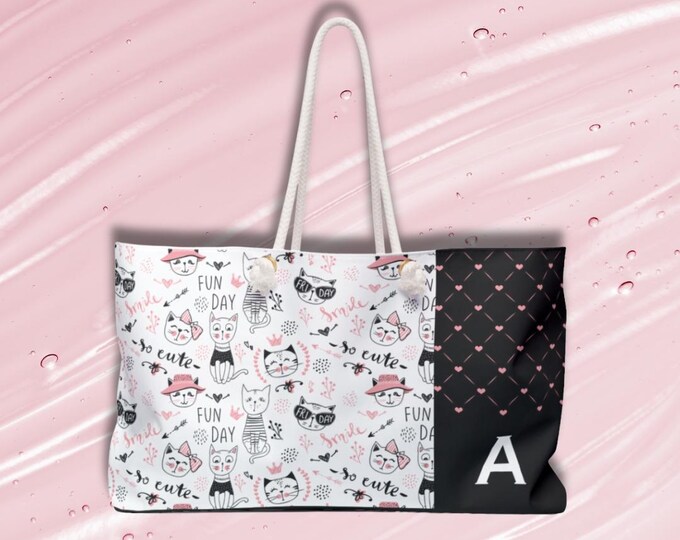 Personalized with Initial Tote, Cute Cats, Pink, Black and White, Weekender Bag