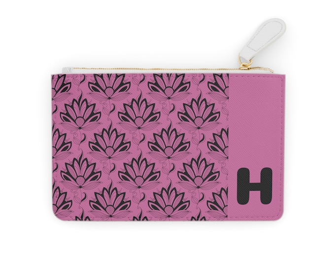 Initial H Pink & Black Succulent Mini Clutch – Personalized Vegan Card Holder, Small Wallet for Women, Stylish Travel Pouch