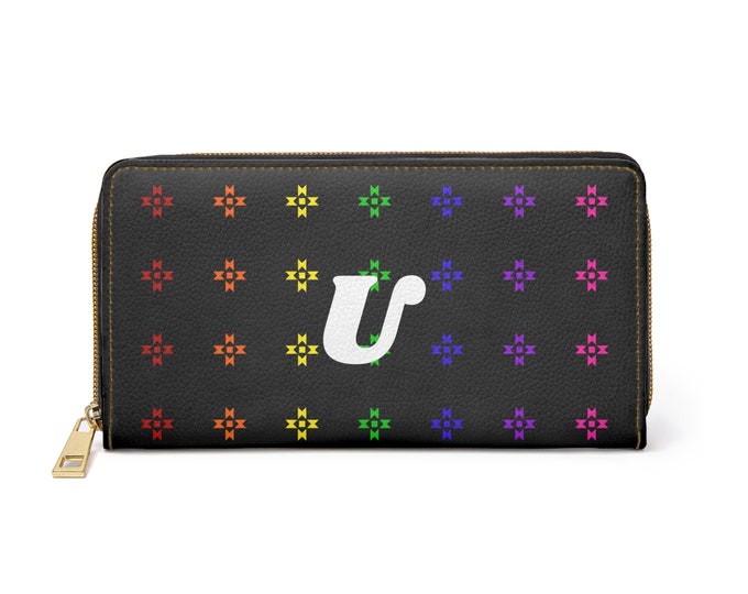 Rainbow Native Stars Womens Wallet, Personalized with White Initial U, Initialized Zipper Wallet