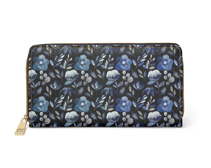 Blue Floral Zipper Wallet | PU Leather, Gold Hardware