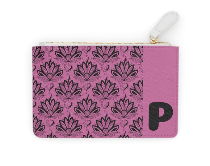 Initial P Pink & Black Succulent Mini Clutch – Personalized Vegan Card Holder, Small Wallet for Women, Stylish Travel Pouch