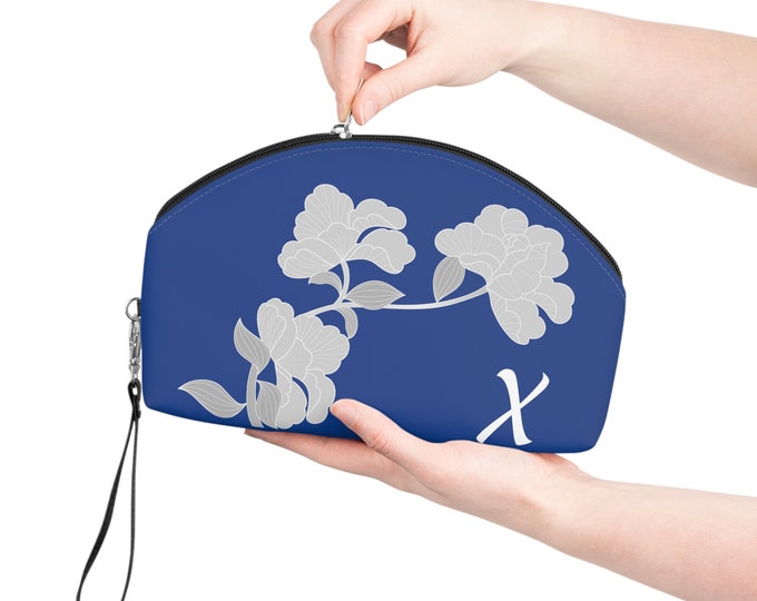 White and Blue Womens Floral Makeup Bag, Personalized with your Initial, Zippered Cosmetic Bag, Initial X