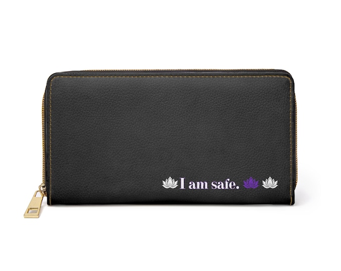 I am safe lotus design Zipper Wallet | calming affirmation, purple lotus
