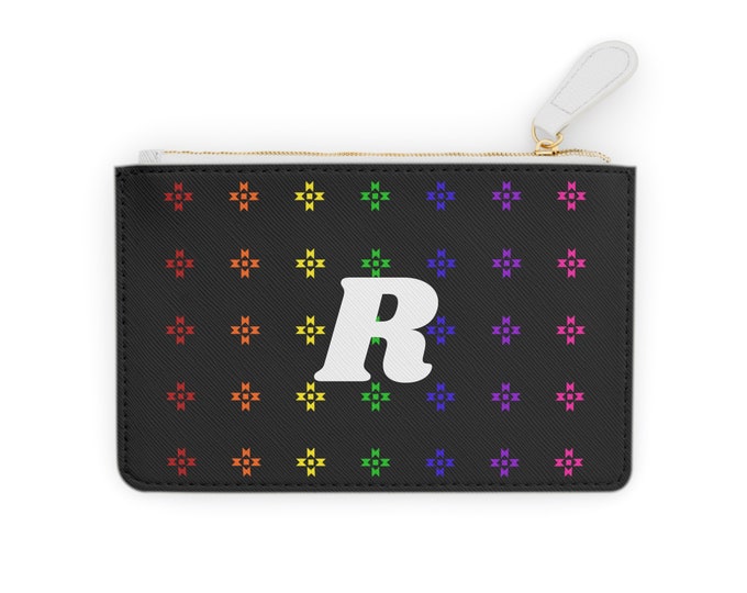 Rainbow Native Stars Mini Clutch, Personalized Cardholder, White Initial R, Initialized