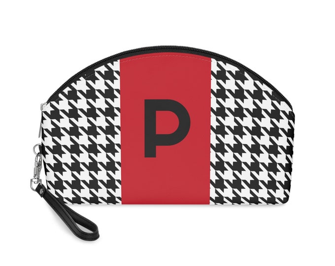Red, Black, and White Houndstooth patterned Makeup Bag, Personalized with Initial P, Her Makeup bag, Initialized