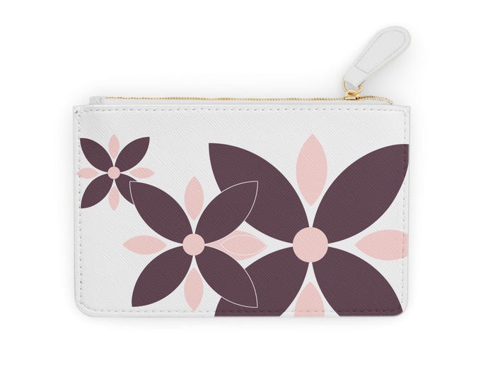 Pink and Plum Floral Pattern Mini Clutch Bag | Floral White Coin Purse
