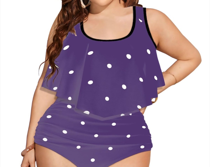 Purple Polka Dot Plus Size Ruffle Two Piece Swimsuit Customized Services