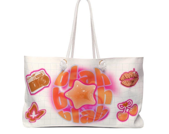 2KK Retro Sticker Collage Weekender Bag | Cute Star, Camera, Cherries, Pink