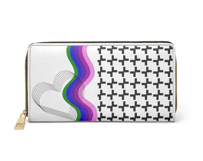 Rainbow Wave Hearts Zipper Wallet | Geometric Cross Pattern
