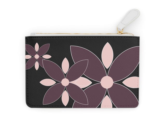 Pink Plum Floral Mini Cardholder| Retro Flower Pattern, Black Background