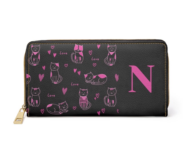 Pink Love Cats Black Zippered Wallet – Personalized with Initial N | Cruelty-Free Faux Leather | Gift for Her | Cute Cat Wallet for Women