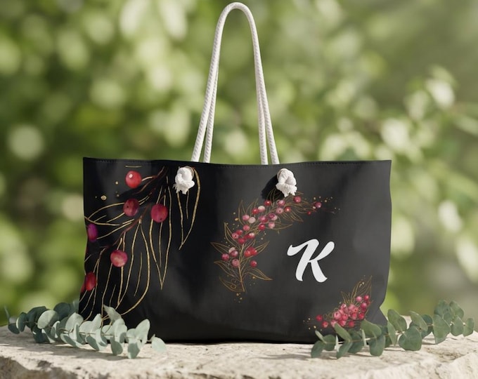 Personalized Winter Berry Leaf Monogram Weekender Bag | Black Floral Travel Tote Custom Intial