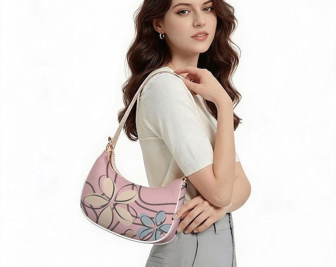 Abstract Floral Pink PU Leather Crescent Bag