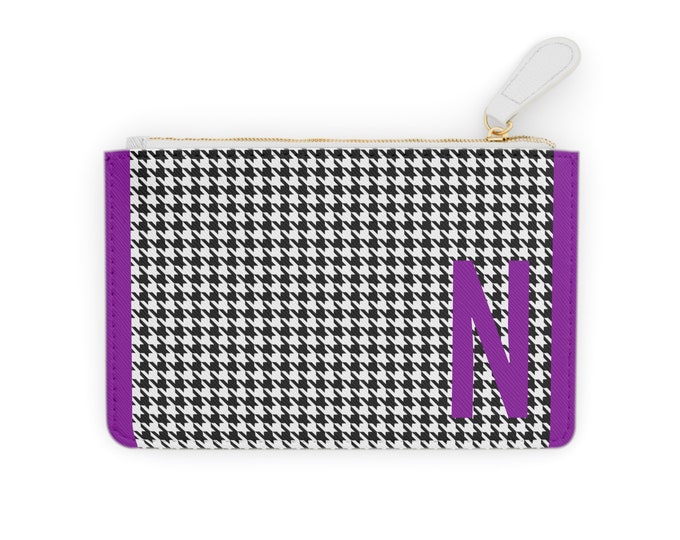 Houndstooth Purple Detail Initialized, N Initial, Personalized Mini Clutch Bag, Womens Zippered Card Holder