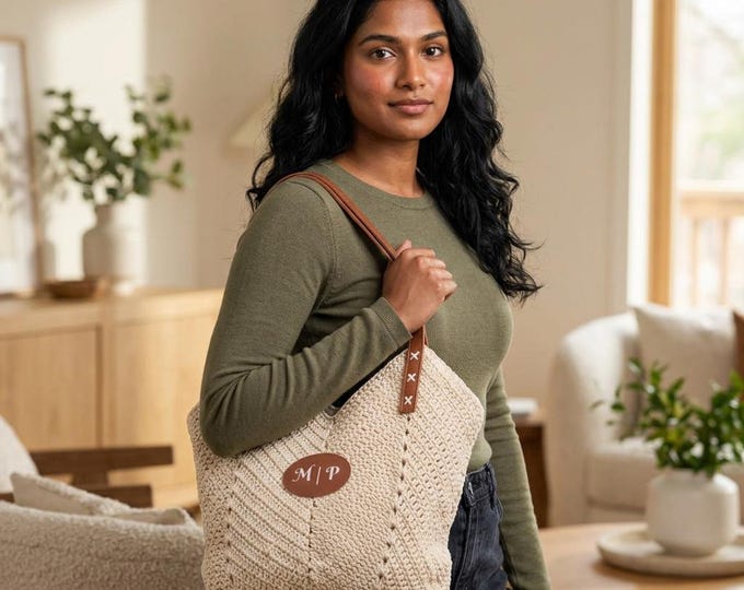 Monogram Custom Initials Leather Patch Straw Shoulder Bag | Crochet Tote, Beach Bag