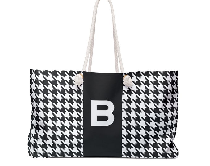 Black & White Personalized Weekender Tote | Initial B Oversized Bag | Custom Travel Handbag for Her | Monogram Beach Bag | Gift for Women