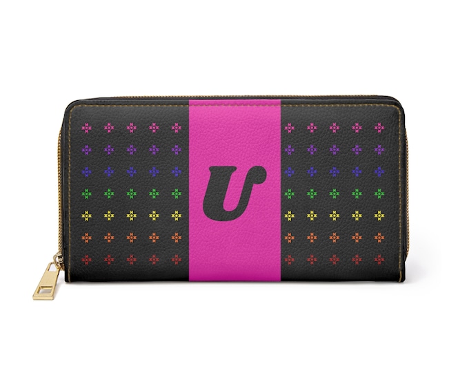 Rainbow Native Stars Womens Wallet, Pink Detail, Personalized with Black Initial U, Initialized Zipper Wallet, Native American Designed