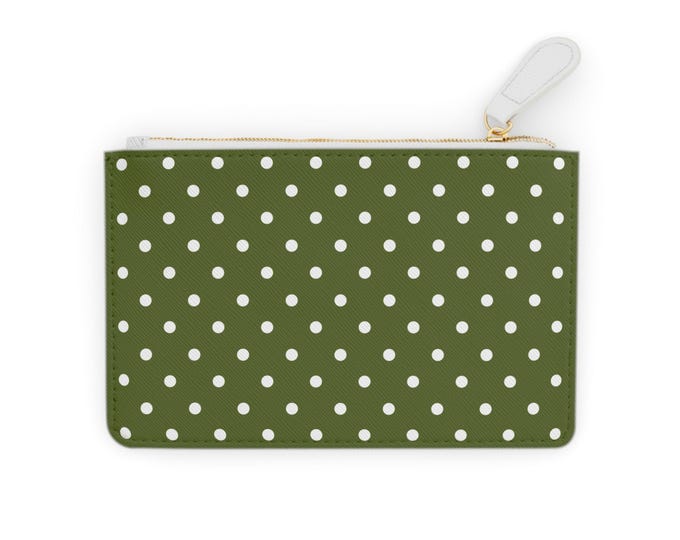 White Polka Dot Warrior Olive Green Mini Clutch Wallet | Zipper Pouch, Wristlet