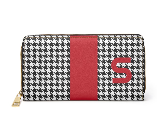 Houndstooth Black and White with Red S Initialized Detail Womens Zippered Wallet