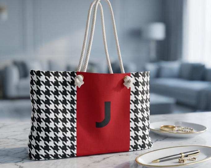 Houndstooth Black and White with Red and Black J Initialized Detail Womens Weekender Tote Bag