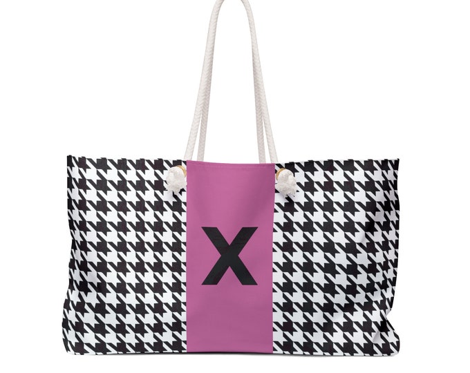 Houndstooth Black, White and Pink, with Black X Initialized Detail Womens Weekender Tote Bag, Personalized Bag, Initialized Handbag