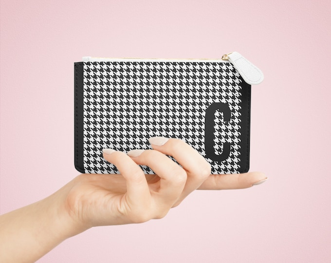Houndstooth Black Mini Clutch – Personalized with Initial C | Vegan Leather Zippered Card Holder | Gift for Her | Stylish Mini Wallet