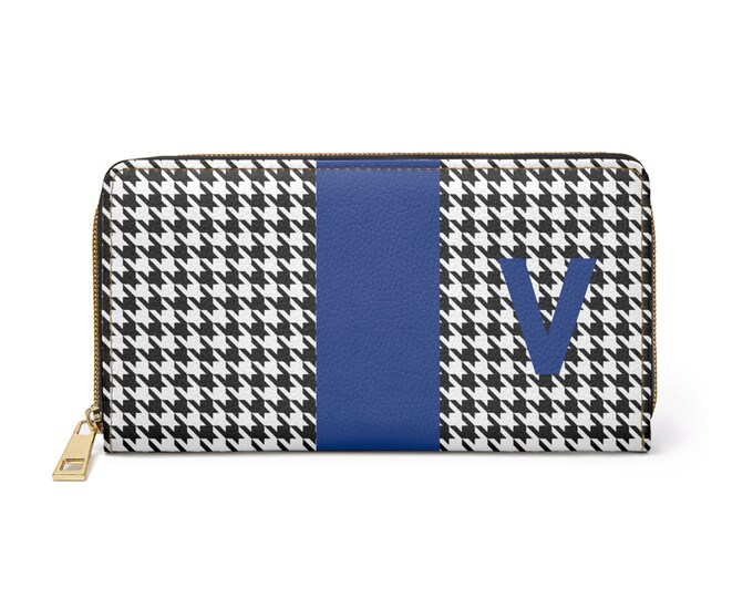 Houndstooth Black and White with Blue V Initialized Detail Womens Zippered Wallet, Women Wallet, Houndstooth pattern, Initialized