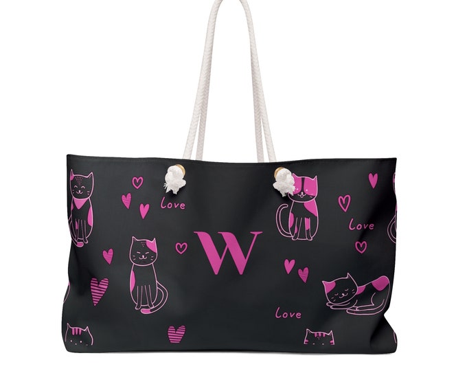 Pink Love Cats Black Tote, Personalized Bag, Women's Purse, Initial W, Weekender Bag