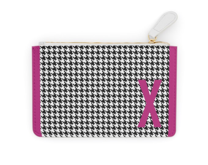 Houndstooth Magenta Detail Initialized, X Initial, Personalized Mini Clutch Bag, Womens Zippered Card Holder