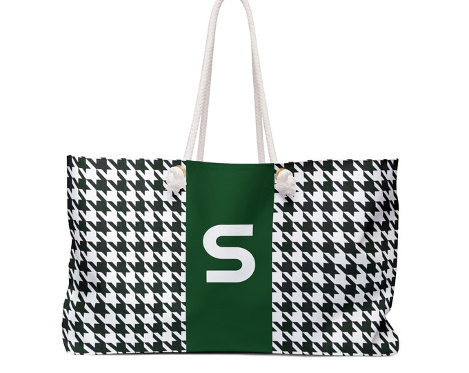 Houndstooth Forest Green Weekender Tote Bag | Personalized S Initial Bag | Monogram Travel Bag | Oversized Rope Handle Purse for Her