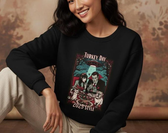 Turkey Day 2025 Day, Zombie Woman and Vampire Guy, Family Feast Crewneck Sweater, Cozy Fall Fashion, Unisex Holiday, Family Gatherings