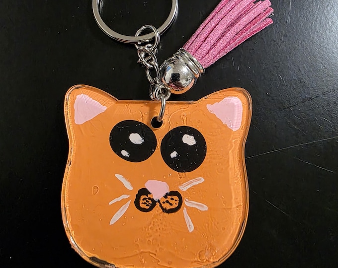 Hand Painted Orange Cat Keychain with Tassel – Cute Cat Lover Gift, Personalized Cat Keyring, Free Shipping