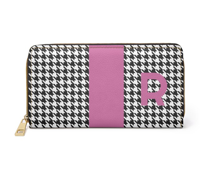Houndstooth Black and White with Pink R Initialized Detail Womens Zippered Wallet, Personalized Wallet, Initialized, Womens Wallet