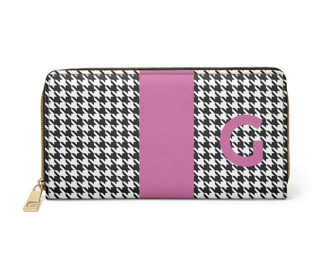 Houndstooth Black and White with Pink G Initialized Detail Womens Zippered Wallet, Personalized Wallet, Initialized, Womens Wallet