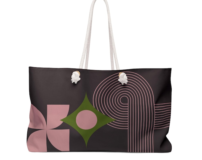 Retro Geometric Floral Weekender Bag | Black Mid Century Abstract Pattern
