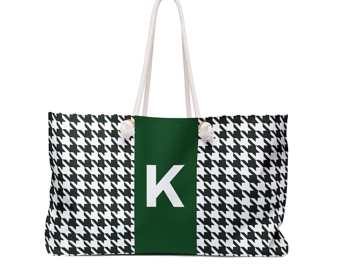 Houndstooth Black White & Forest Green Weekender Tote Bag – Personalized Women’s Oversized Travel Handbag with Initial K