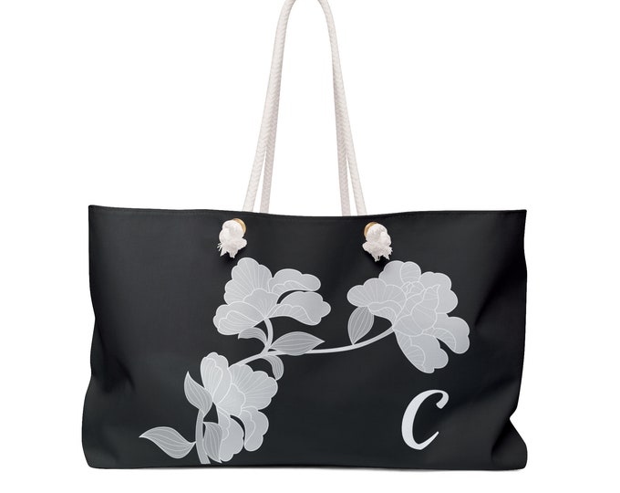 Black & White Floral Tote Bag, Personalized Weekender with Initial C, Oversized Beach Bag, Gift for Her, Travel Tote
