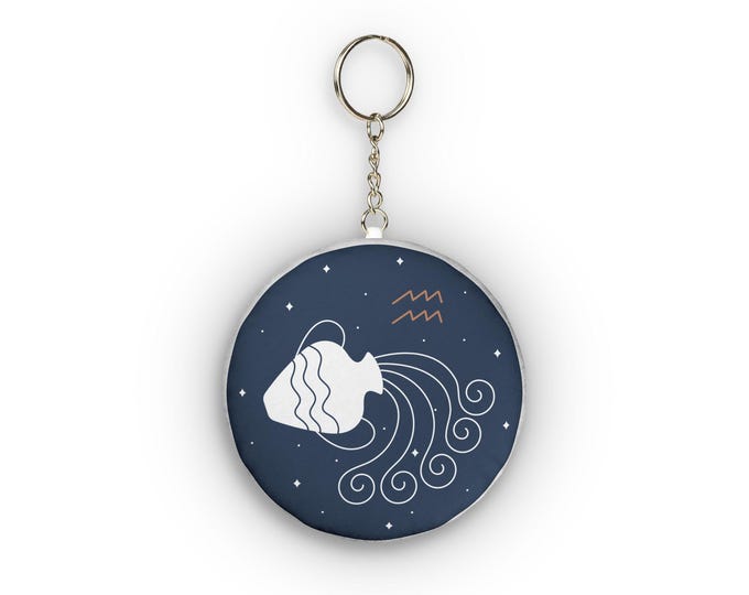 Aquarius Constellation Plush Keychain, Round Zodiac Water Bearer Keychain