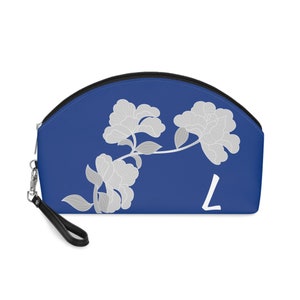 Weiß-blaue Blumen-Make-up-Tasche für Damen, personalisiert mit Ihrer Initiale, Kosmetiktasche mit Reißverschluss, Initial L