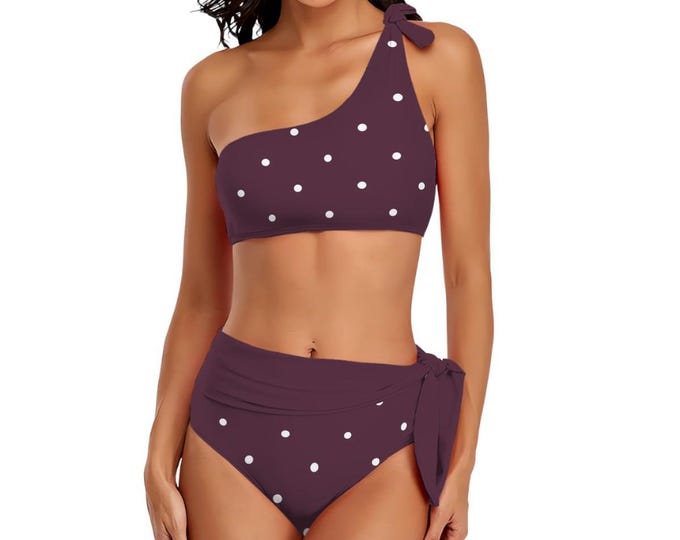 Burgundy Vibes Polka Dot One-Shoulder Tie High-Waisted Bikini Customized Services
