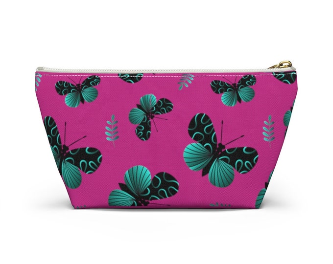 Green Butterflies and Pink Zipper Wallet Accessory Pouch w T-bottom