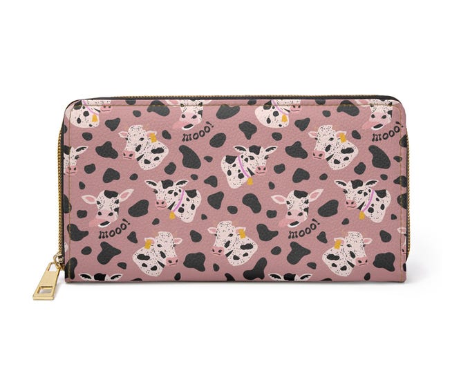 Cow Print Zip Around Wallet – Red Vegan Faux Leather, Gold Zip, Card & Coin Pockets, Cute Gift for Animal Lovers